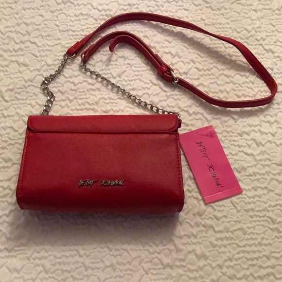 Betsey Johnson Crimson Faux Leather Crossbody Studded Hearts & Chain Accents NWT - Picture 9 of 16